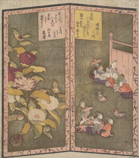 Camellia Flowers (left); People Watching a Cockfight (right), ca. 1820., ca. 1820. Creator: Shinsai.