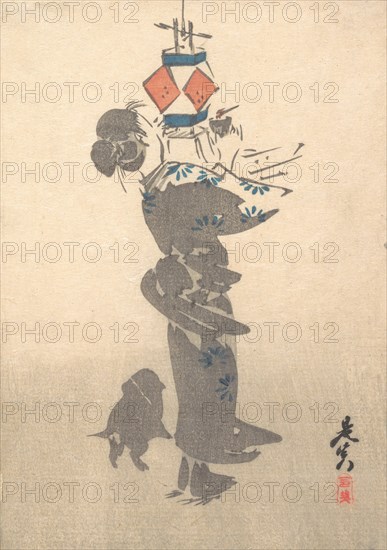 Lighting a Hanging Lantern for the Obon Festival, 1860., 1860. Creator: Shibata Zeshin.