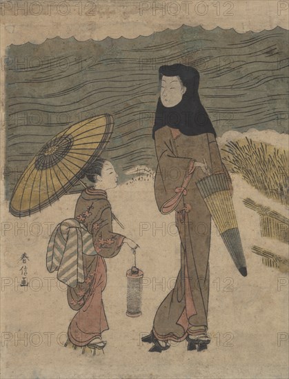 Lady with Black Hood and Umbrella Out Walking with Young Attendant. Creator: Suzuki Harunobu.