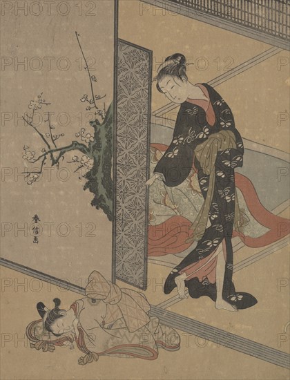 Young Lady Looking through Door at Her Kamuro (Little Servant) who is Asleep on the Floor. Creator: Suzuki Harunobu.