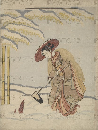 Woman Digging Bamboo Shoots in the Snow, or Parody of Meng Zong (Moso), from Twenty-Fo..., ca. 1765. Creator: Suzuki Harunobu.