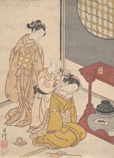 Night Rain at the Double-Shelf Stand, from the series Eight Parlor Views (Zashiki hakk..., ca. 1766. Creator: Suzuki Harunobu.