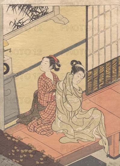 Evening Chime of the Clock (Tokei no bansho), from the series ?Eight Parlor Views? (Za..., ca. 1766. Creator: Suzuki Harunobu.