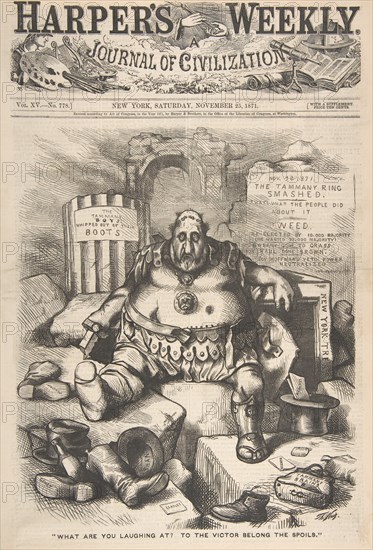 What are You Laughing at? To the Victor Belong the Spoils (from Harper's Week..., November 25, 1871. Creator: Thomas Nast.