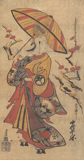 Actor Nakamura Senya as Tokonatsu in the Kabuki Play, "The Legacy of the Three-Comma F..., ca. 1716. Creator: Torii Kiyomasu I.