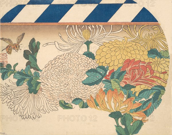 Chrysanthemums in Fan-shaped Design, 1840s., 1840s. Creator: Ando Hiroshige.