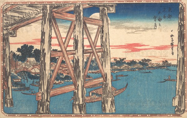 Twilight Moon at Ryogoku Bridge. Creator: Ando Hiroshige.