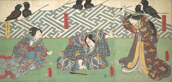 Three Actors on Stage: Kumagai Naozane, 1858., 1858. Creator: Utagawa Kunisada.