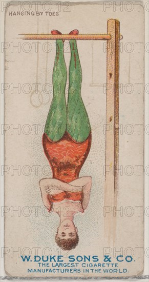 Hanging by Toes, from the Gymnastic Exercises series (N77) for Duke brand cigarettes, 1887., 1887. Creator: Unknown.