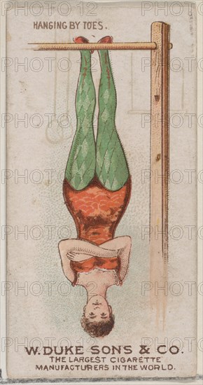Hanging by Toes, from the Gymnastic Exercises series (N77) for Duke brand cigarettes, 1887., 1887. Creator: Unknown.