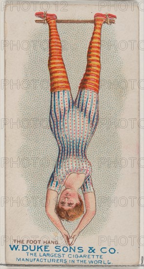 The Foot Hang, from the Gymnastic Exercises series (N77) for Duke brand cigarettes, 1887., 1887. Creator: Unknown.