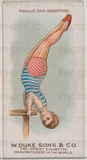 Parallel Bar, Handspring, from the Gymnastic Exercises series (N77) for Duke brand cigaret..., 1887. Creator: Unknown.