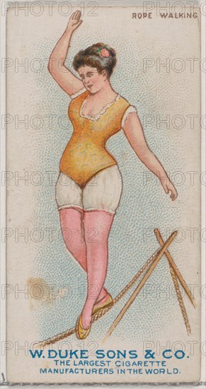 Rope Walking, from the Gymnastic Exercises series (N77) for Duke brand cigarettes, 1887., 1887. Creator: Unknown.