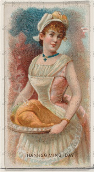 Thanksgiving Day, United States, from the Holidays series (N80) for Duke brand cigarettes,..., 1890. Creator: George S. Harris & Sons.