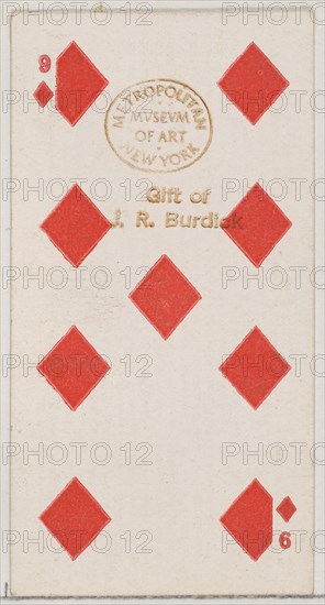 Nine Diamonds (red), from the Playing Cards series (N84) for Duke brand cigarettes, 1888., 1888. Creator: Unknown.