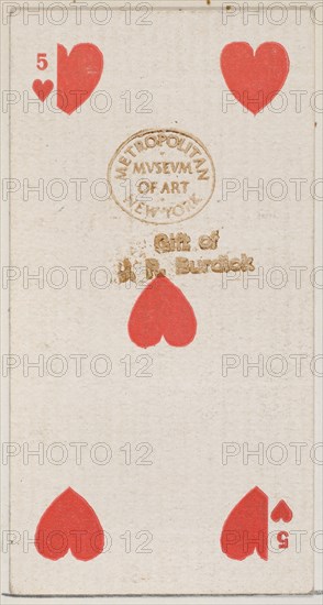 Five Hearts (red), from the Playing Cards series (N84) for Duke brand cigarettes, 1888., 1888. Creator: Unknown.