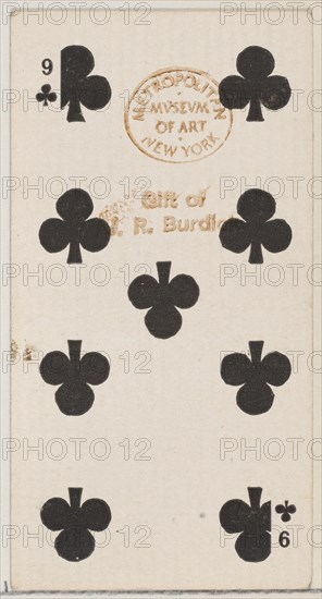 Nine Clubs (black), from the Playing Cards series (N84) for Duke brand cigarettes, 1888., 1888. Creator: Unknown.