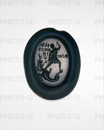 Intaglio with Saint Theodore Teron Slaying a Many-Headed Dragon, Byzantine, 1300 or later.