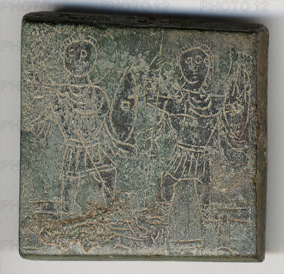 Balance Weight with Two Emperors Hunting a Snake, Byzantine, 4th-5th century. Greek letters identify a three-ounce weight.
