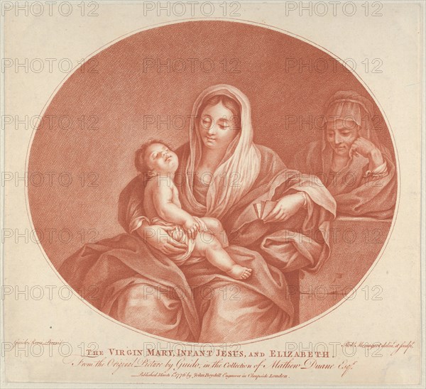 The Virgin seated with the infant Christ sleeping in her lap, Saint Elizabeth at right, an oval composition, after Reni, 1776.