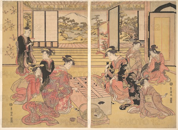 Two Young Women Playing a Game of Sugoroku.