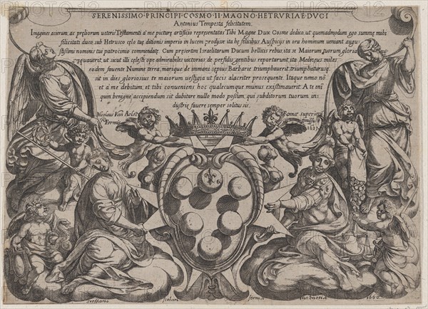 Frontispiece to 'The Battles of the Old Testament' with the arms of the Medici Crowned by Two Putti, 1660.