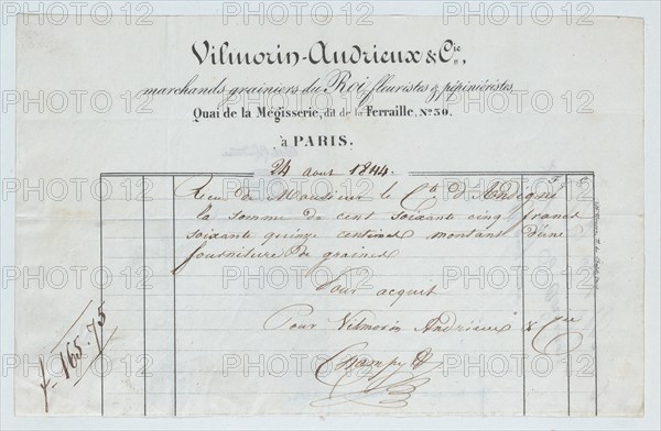 Invoice from Vilmorin-Andrieux et Cie, Paris, for seed supplies to the Count of Andigné, August 24, 1844.