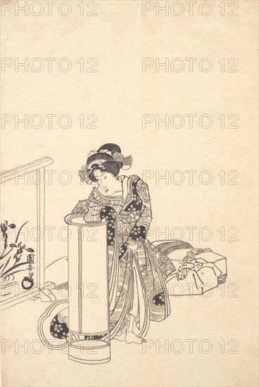 Young Woman Leaning over a Tall Lamp.