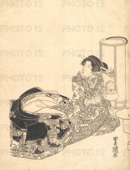 Courtesan or Actor as Courtesan Pouring Tea by the Light of a Lantern.