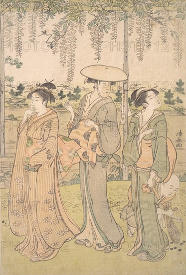 Three Women and a Small Boy beneath a Wisteria Arbor on the Bank of a Stream, ca. 1790.