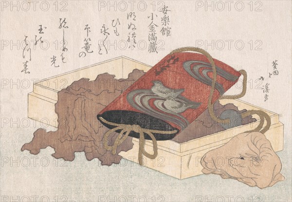 Lacquer Inro with Waterbirds and Ox-shaped Netsuke in a Box From the Spring Rain Collection (Harusame shu), vol. 3 , probably 1817.