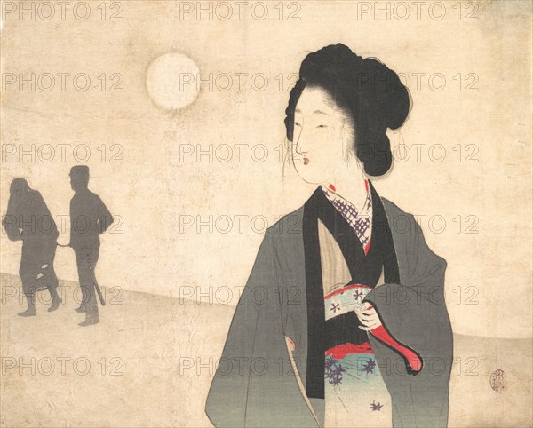 Young Woman Looks at Silhouette of a Male Prisoner being Led Away, early 20th century.