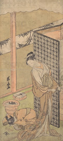 An Oiran in Night Attire, pausing, with one Hand on the Screen that Surrounds Her Bed, ca. 1770.