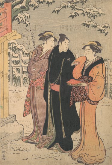 Man in a Black Haori (Coat) and Two Women Approaching a Temple.