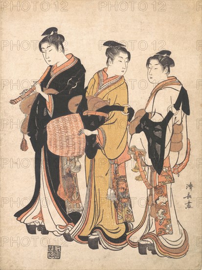 Three Young Women Masquerading as Komuso (Strolling Minstrel), ca. 1778.