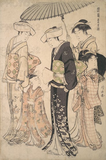 Two Women in Summer Costume Taking a Young Girl to a Shinto Temple for the Miya Mairi Ceremony, ca. 1783.