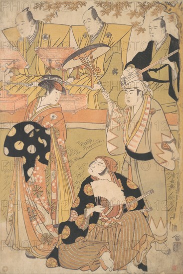 Onoe Matsusuke I as an Oiran Stands at the Left, Talking to Nakamura Nakazo I as a Samurai, ca. 1788.