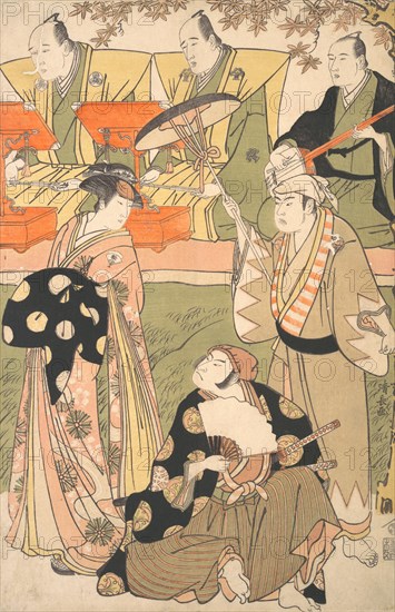 Theatrical Scene, with Musicians. [Onoe Matsusuke I as an Oiran Stands at the Left, Talking to Nakamura Nakazo I as a Samurai, ca. 1788.]