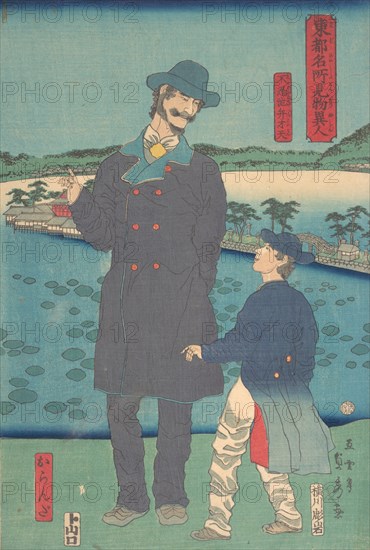 Dutchman and Child Viewing the Benten Shrine at Shinobazu Pond, 7th month, 1861.