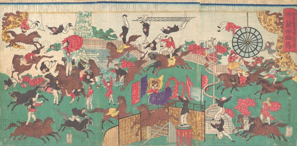 French Equestrian Circus on the grounds of Asakusa Kannon temple (Asakusa kannon keidai ni oite kogyo tsukawashi soro-Furansu kyokuba), 1871.