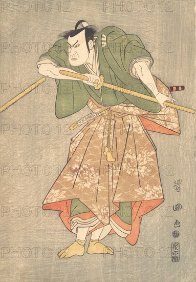 The Actor Kataoka Nizaemon in Ceremonial Robes of Green and Pink, Drawing His Sword, ca. 1790-1825.
