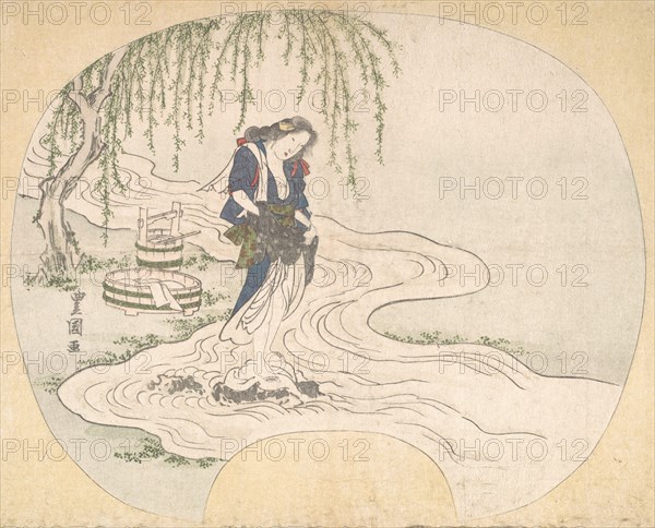 A Woman Stands on a Rock in a Stream Washing Clothes, ca. 1828.