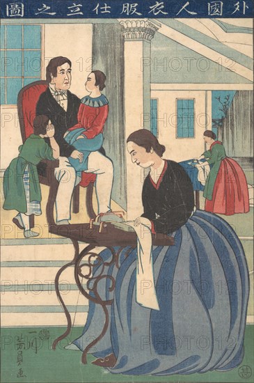 Foreign Family with Wife Making Clothes, 1860.