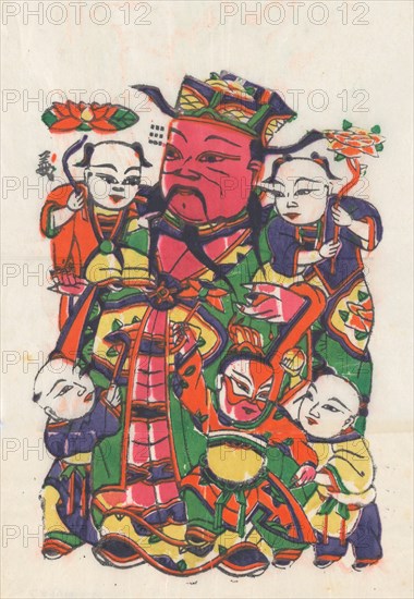 One hundred thirty-five woodblock prints including New Year's pictures (nianhua), door gods, historical figures and Taoist deities, 19th-20th century.