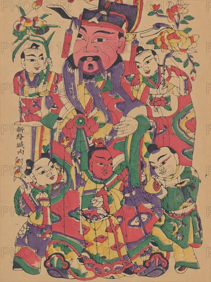 One hundred thirty-five woodblock prints including New Year's pictures (nianhua), door gods, historical figures and Taoist deities, 19th-20th century.