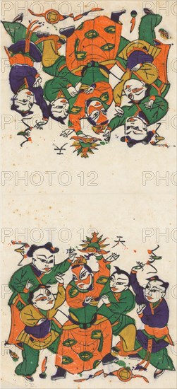 One hundred thirty-five woodblock prints including New Year's pictures (nianhua), door gods, historical figures and Taoist deities, 19th-20th century.