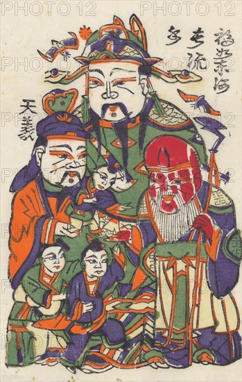 One hundred thirty-five woodblock prints including New Year's pictures (nianhua), door gods, historical figures and Taoist deities, 19th-20th century.