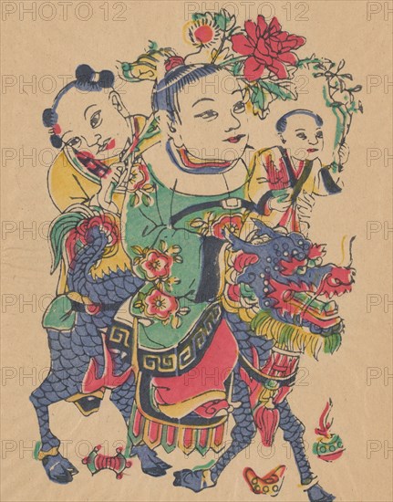 One hundred thirty-five woodblock prints including New Year's pictures (nianhua), door gods, historical figures and Taoist deities, 19th-20th century.