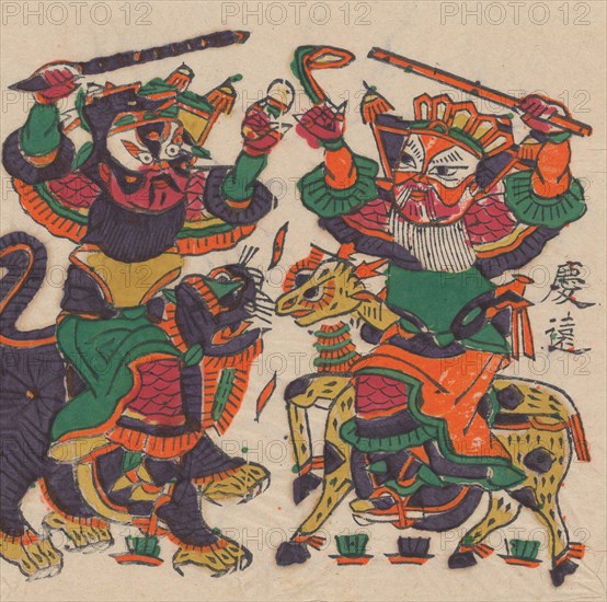 One hundred thirty-five woodblock prints including New Year's pictures (nianhua), door gods, historical figures and Taoist deities, 19th-20th century.