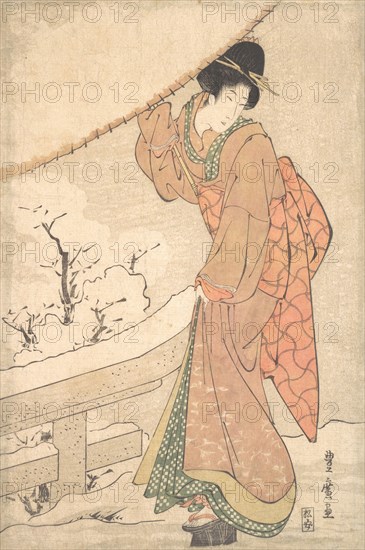 A Young Woman in a Snow Storm Carrying a Heavily Snow-Laden Umbrella, ca. 1802.